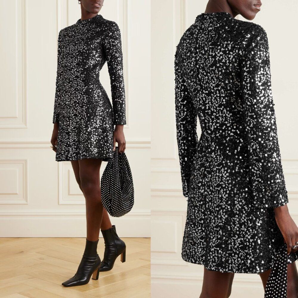 NEW Simkhai Safia Sequin Mini Dress Size 8 Black Long Sleeve Mock Neck Cocktail